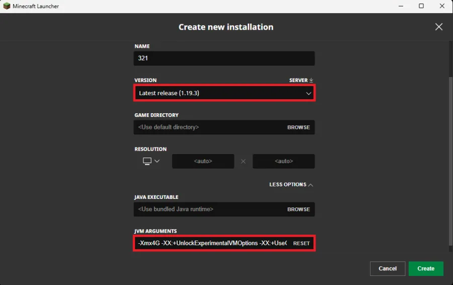 Create New Installation > JVM Arguments