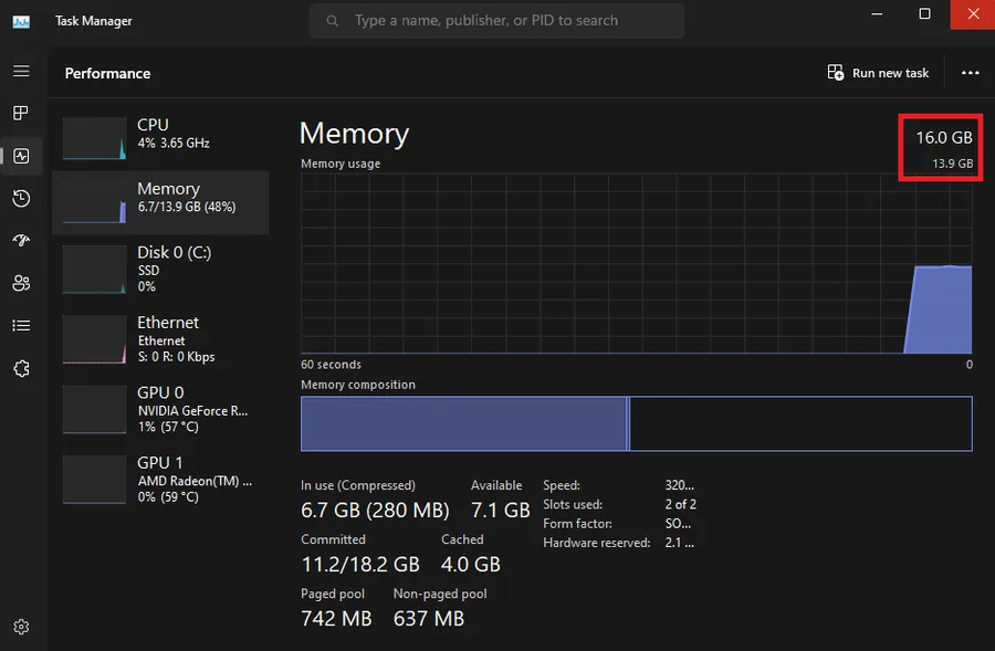 Task Manager > Performance > Memory