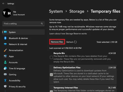 System Settings > Storage > Temporary Files