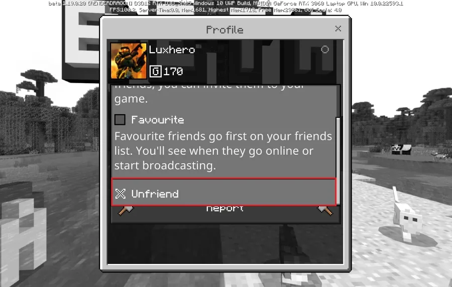Minecraft Profile > Unfriend