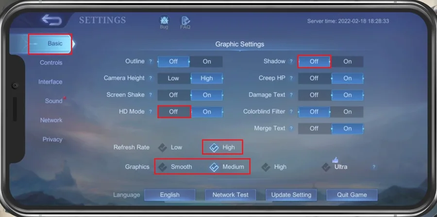 Mobile Legends Settings > Basic