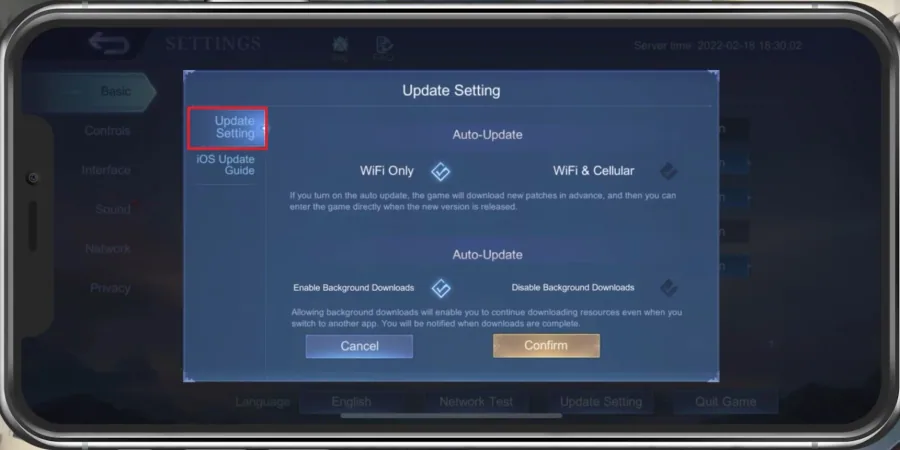 Mobile Legends > Update Setting