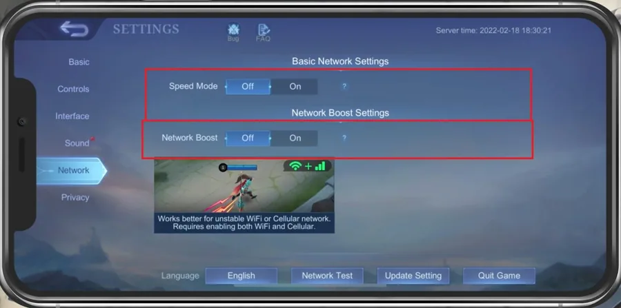 Mobile Legends Settings > Network