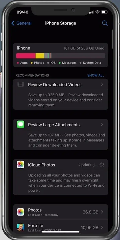 iPhone Settings > General > iPhone Storage