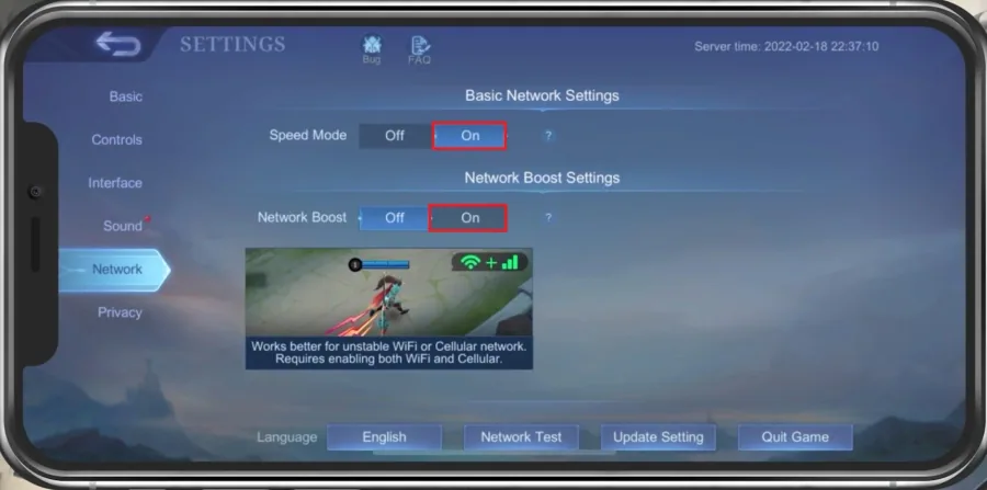 Mobile Legends Settings > Network > Speed Mode