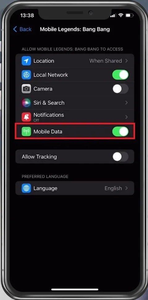 iPhone Settings > Mobile Legends: Bang Bang > Mobile Data