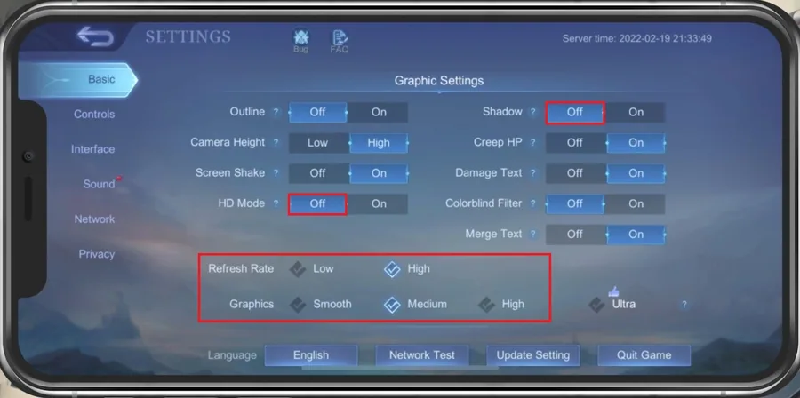 Mobile Legends: Bang Bang > Settings > Basic