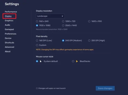BlueStacks Display Settings