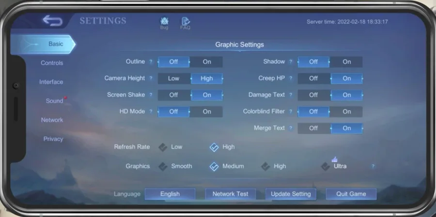 Mobile Legends Settings > Basic