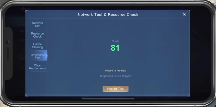 Mobile Legends Settings > Network Test & Resource Check