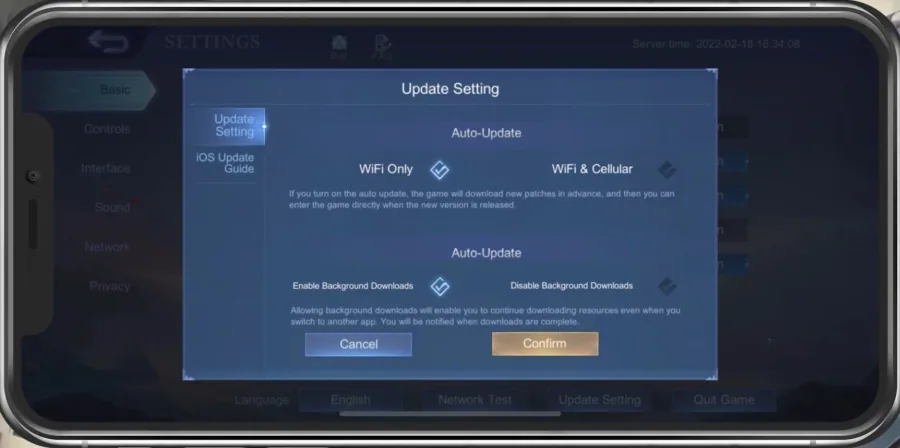 Mobile Legends Settings > Basic > Update Setting