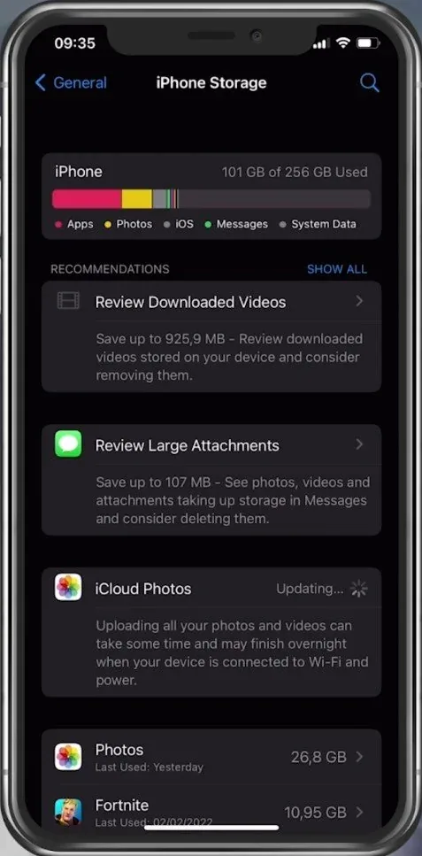 iPhone Settings > General > iPhone Storage