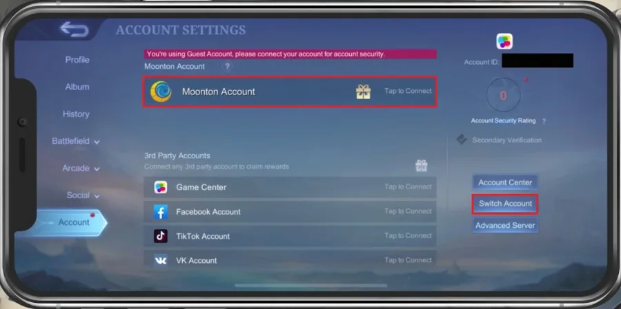 Mobile Legends Settings > Account