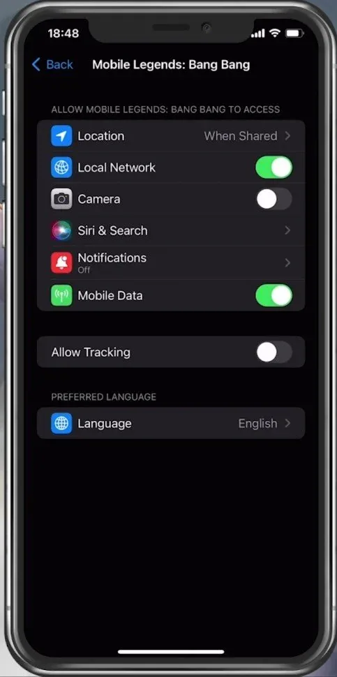 iPhone Settings > Mobile Legends > Mobile Data