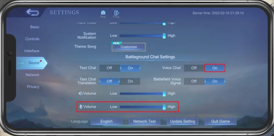 Mobile Legends Settings > Sound > Microphone Volume