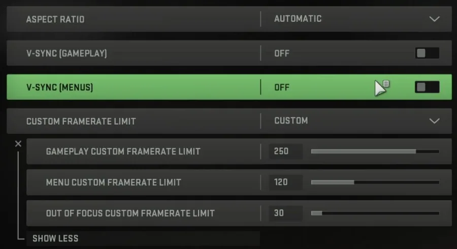 Modern Warfare 2 resolution and frame rate settings.