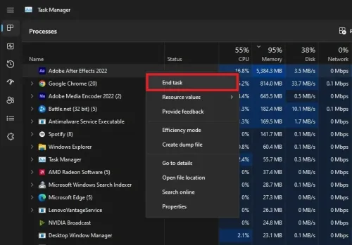 Task Manager > Processes