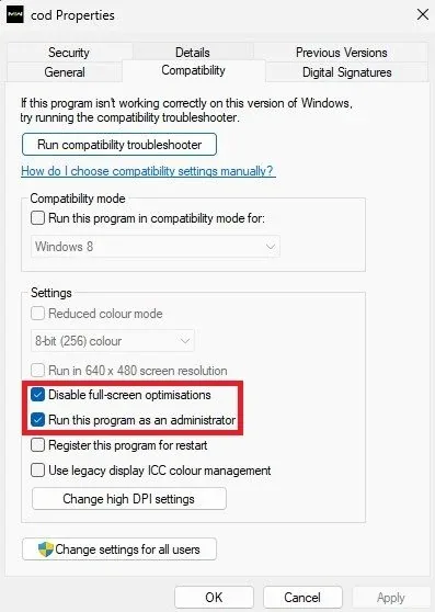 Disable full-screen optimizations for Modern Warfare 2