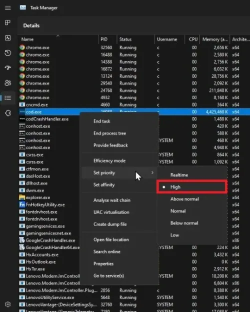 Task Manager > Details > cod.exe > Set priority