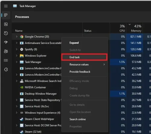 Task Manager > Processes