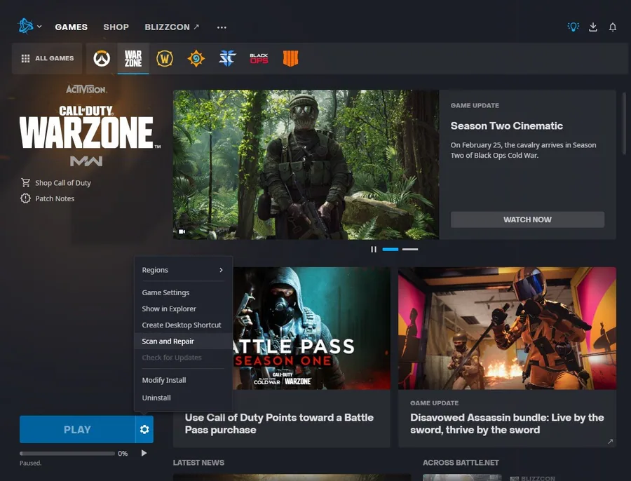 Select Scan and Repair in your Modern Warfare launcher settings.