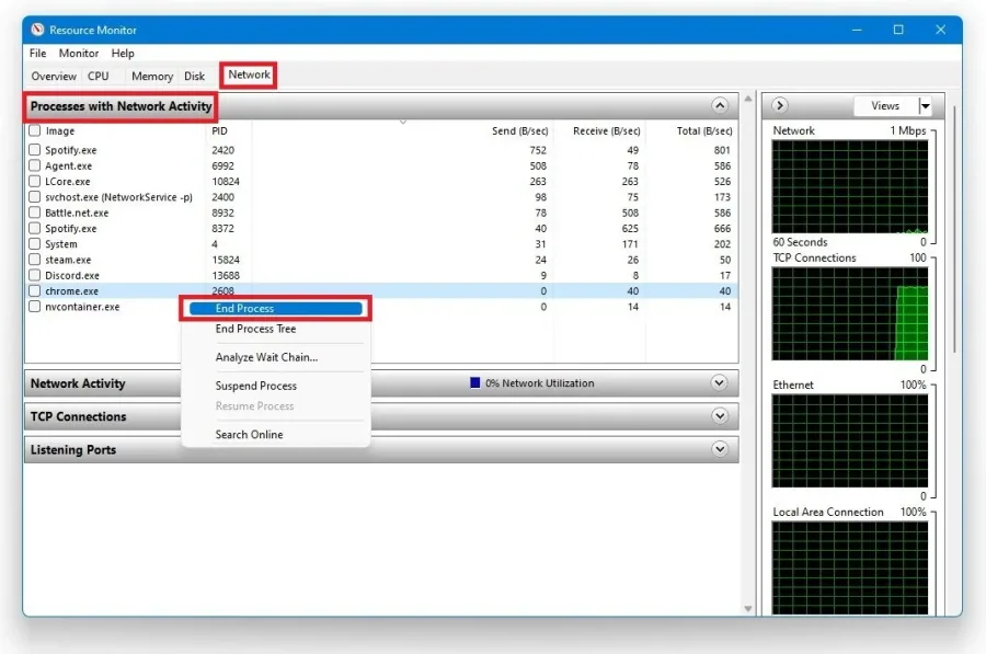 Resource Monitor > Network > Processes with Network Activity