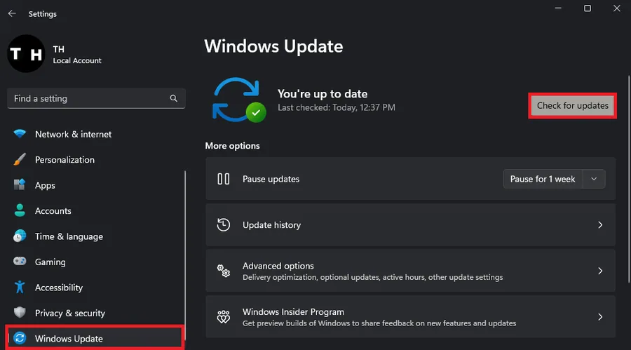 check for updates in windows settings