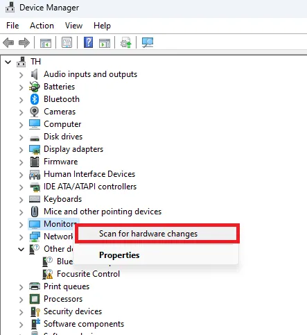 scan for hardware changes in device manager