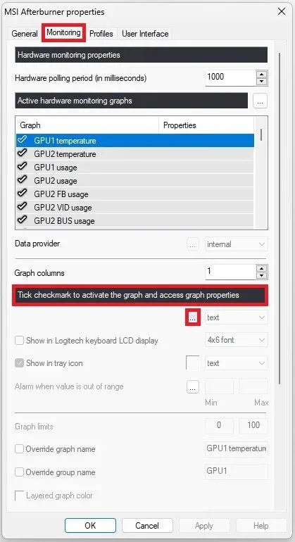 MSI Afterburner Properties > Monitoring