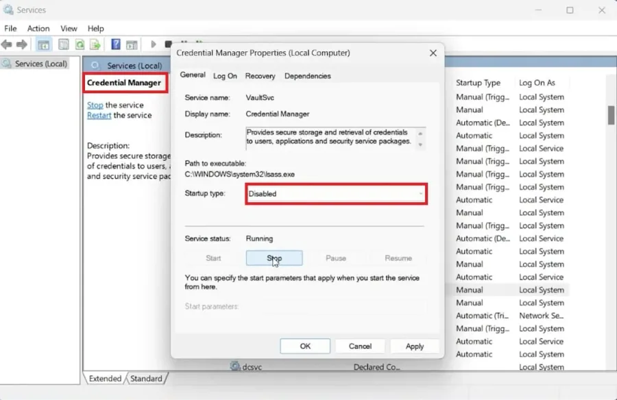 turn off credentials manager