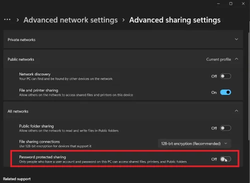 disable password protected sharing