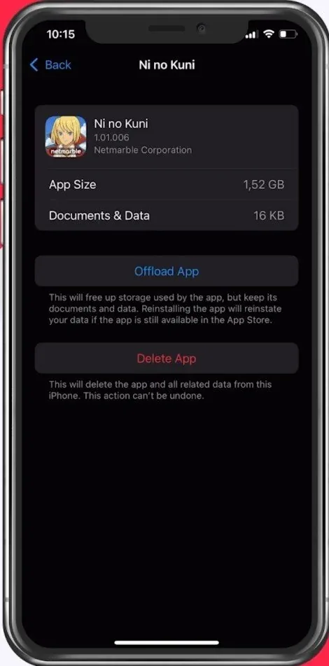 iPhone Settings > General > iPhone Storage > Ni no Kuni