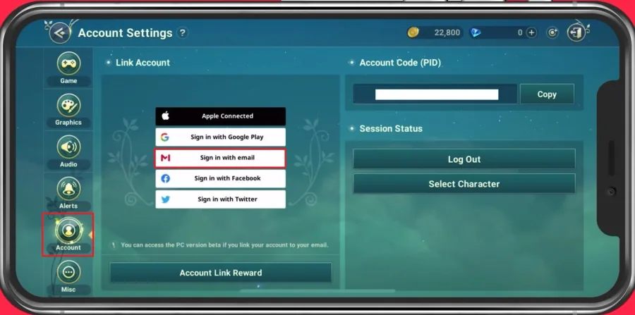 In-Game Settings > Account Settings > Link Account