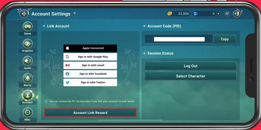 Account Settings > Account Link Reward