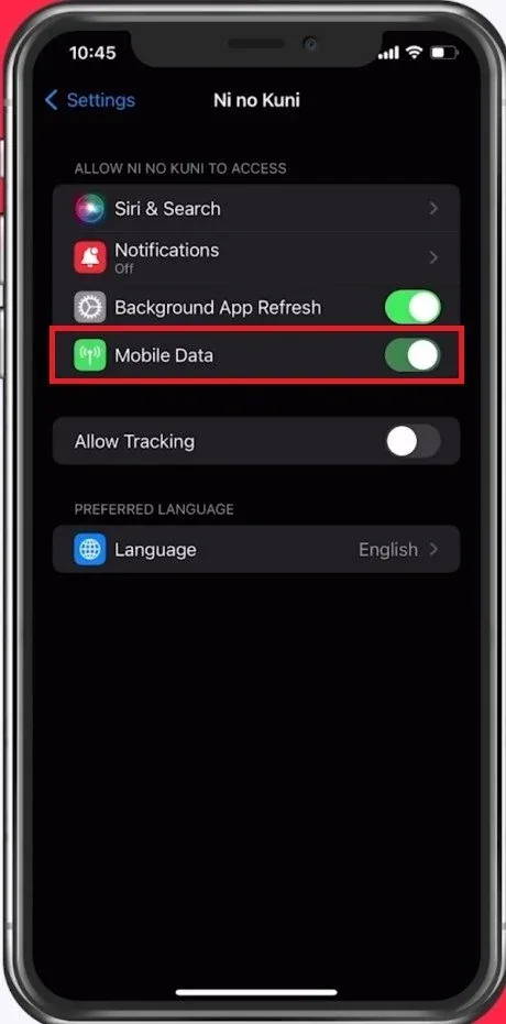 iPhone Settings > Ni no Kuni > Enable Mobile Data