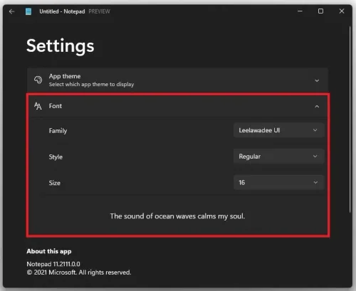 Notepad Settings > Font, Family, Style, Size