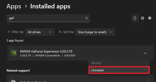 Windows Settings > Apps > Installed Apps > GeForce Experience
