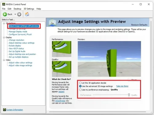 NVIDIA Control Panel > 3D Settings > Adjust image settings with preview