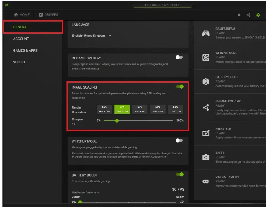 GeForce Experience > General Settings > Image Scaling