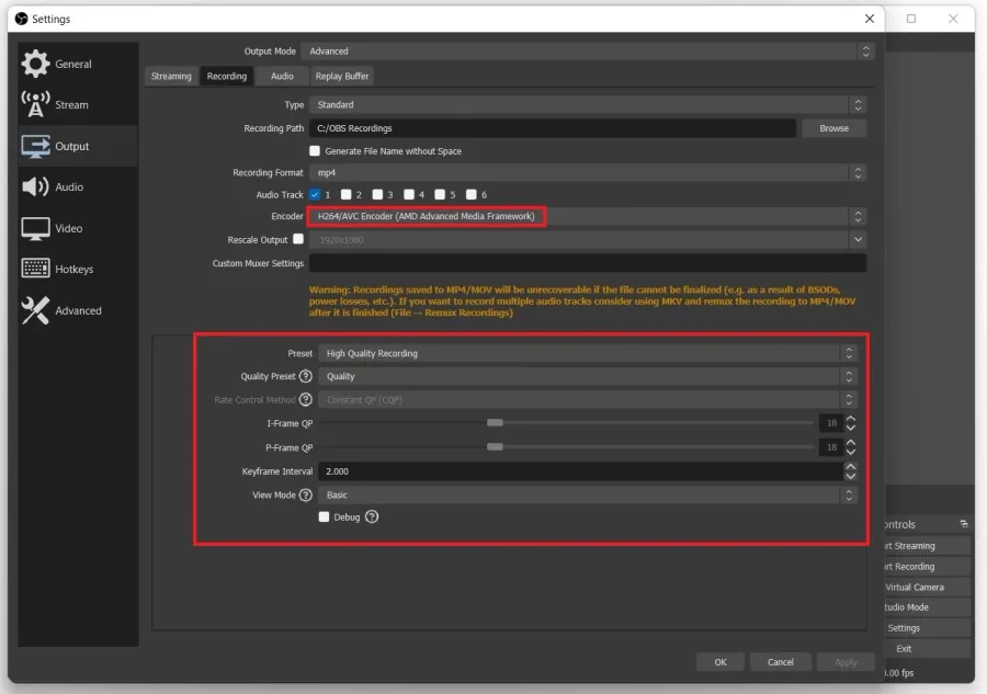 OBS Settings > Output > Recording (Advanced Output Mode)