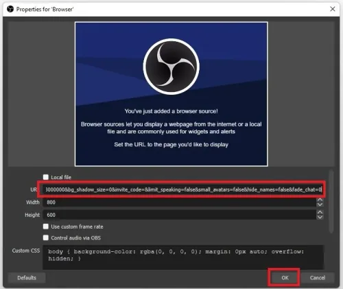 Adjust the Browser source to display your Discord voice chat