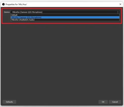 Audio Properties for Mic/Aux