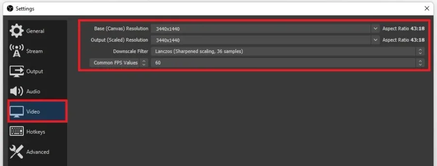 OBS Settings > Video > Base Resolution