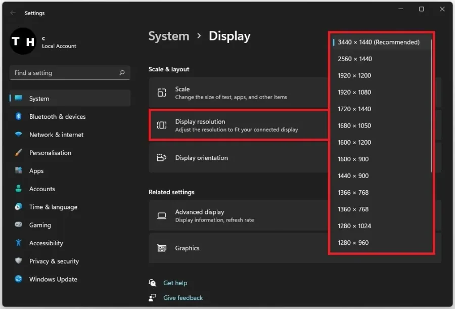 Windows Settings > System > Display > Display Resolution