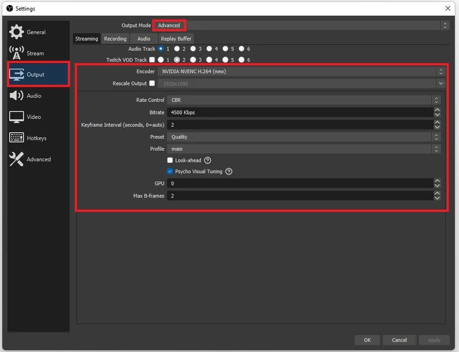 OBS Settings > Output > Advanced Output Mode