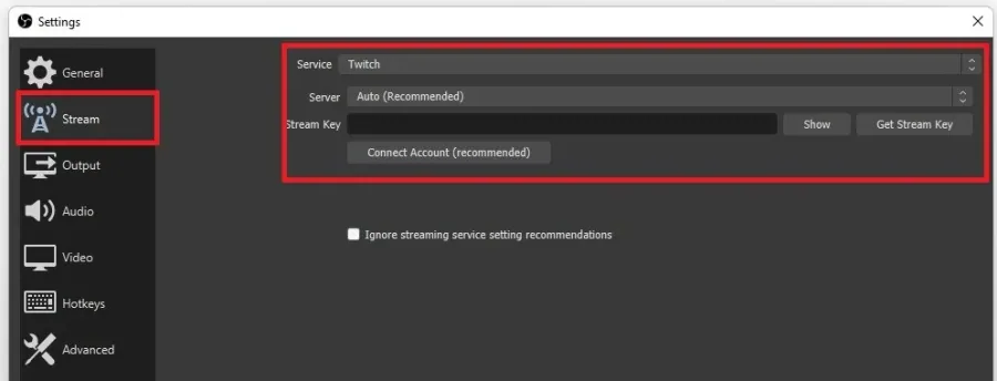 OBS Settings > Stream