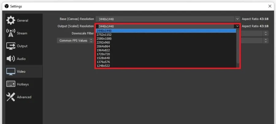 OBS Studio Settings > Video > Output (Scaled) Resolution