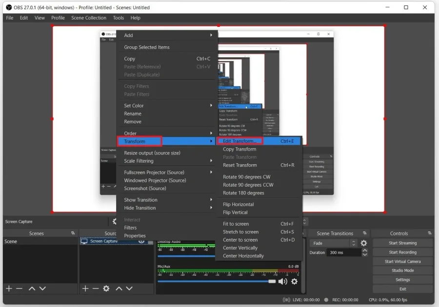OBS Source > Transform > Edit Transform