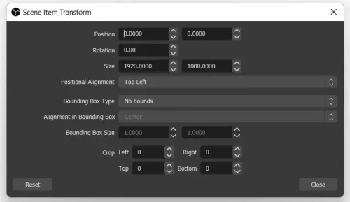 OBS Source > Scene Item Transform