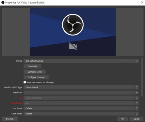 Configure the Video Capture Device source properties